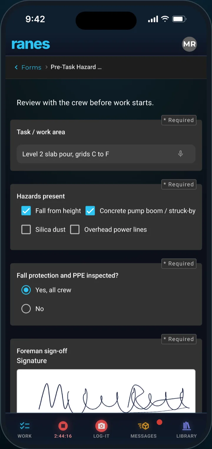 A pre-task hazard form in the Ranes app with hazard checkboxes, a PPE question and a foreman signature.