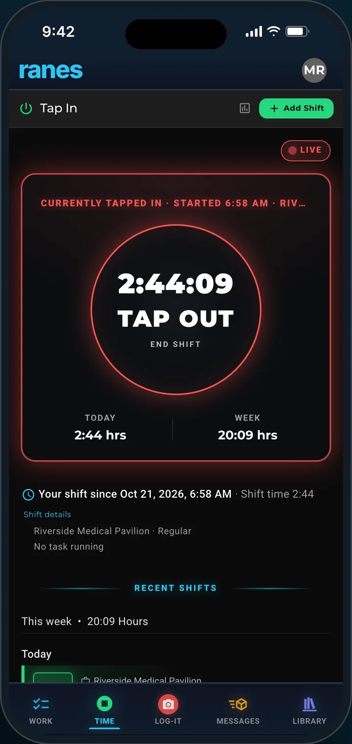 The Ranes Tap In screen showing a live shift timer with today’s and this week’s hours.