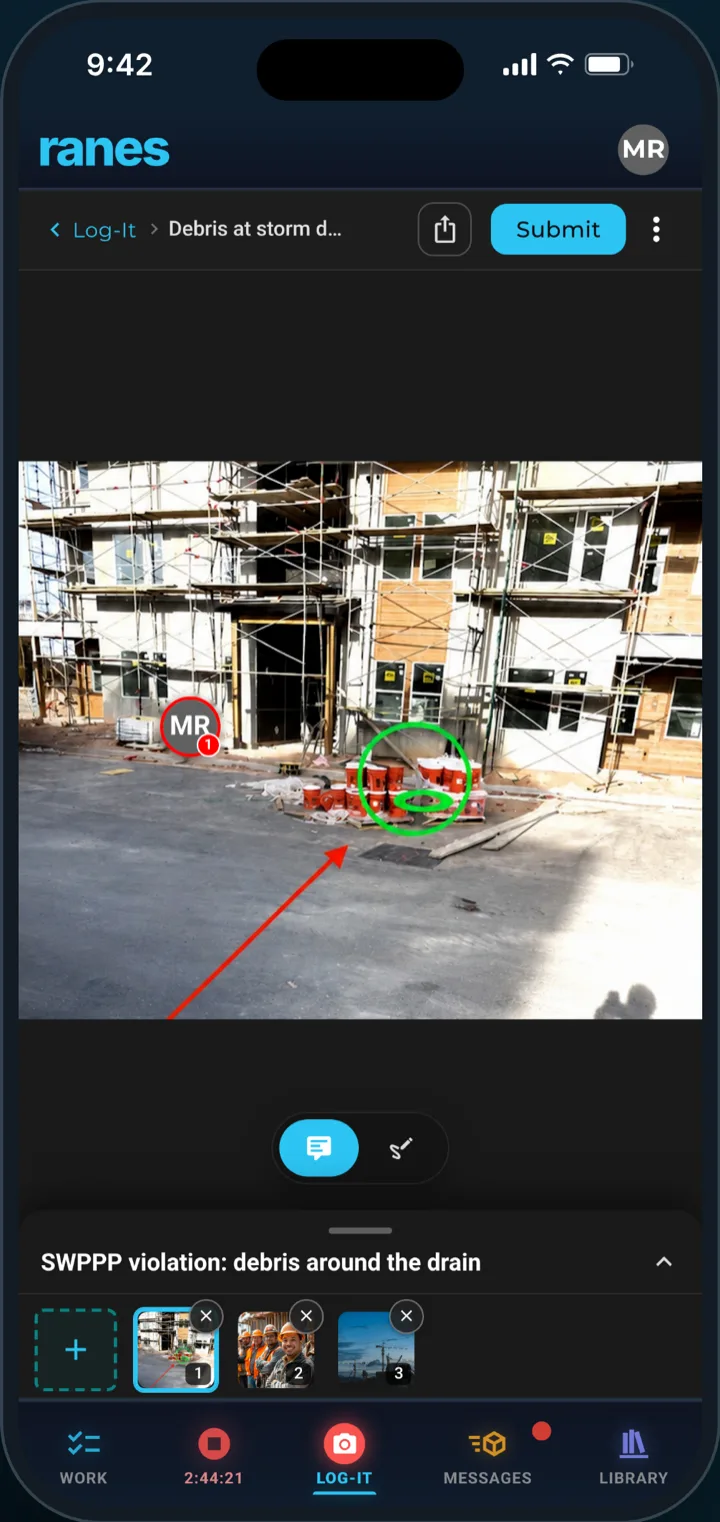 A Log-It in the Ranes app with a marked-up site photo and numbered comments.
